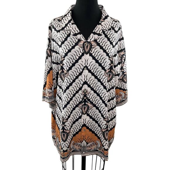 ASOS Design Boxy Oversized Deep Revere Linen Mix Shirt with Border Print Men 2XL - Picture 1 of 8